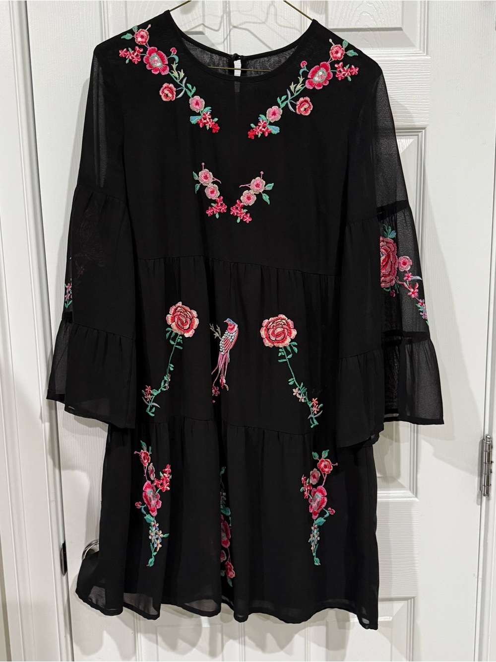 Floral Embroidered Black Tiered Dress